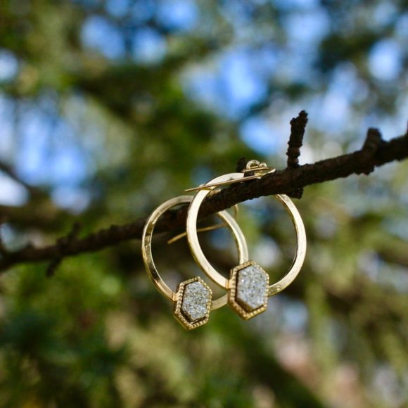 Anthropologie Jewelry - New Anthro Gold Druzy Sparkle Hoops Drop Earrings